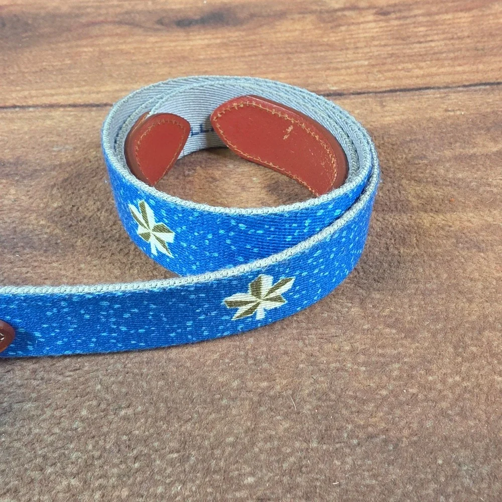 Peter Millar Canvas Belt Mens 40 Blue Good Embroidered Leather Trim